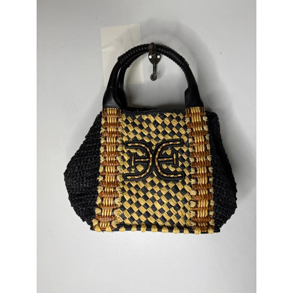Sam Edelman Woven Straw Tote Bag Black Tan Brown Logo Handbag Summer Boho